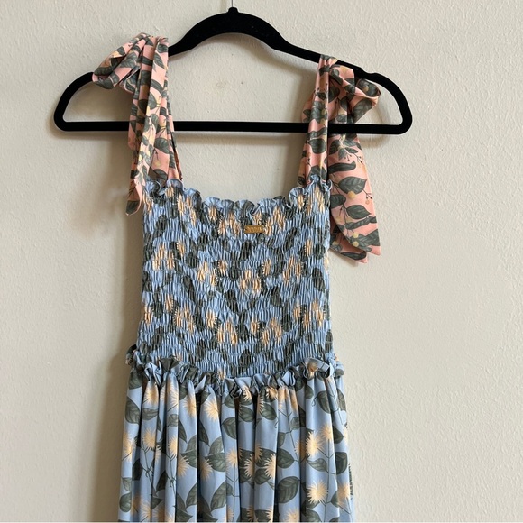 Palmacea Floral Smocked Bow Shoulder Maxi Dress Acacia Blue Yellow - Picture 4 of 7